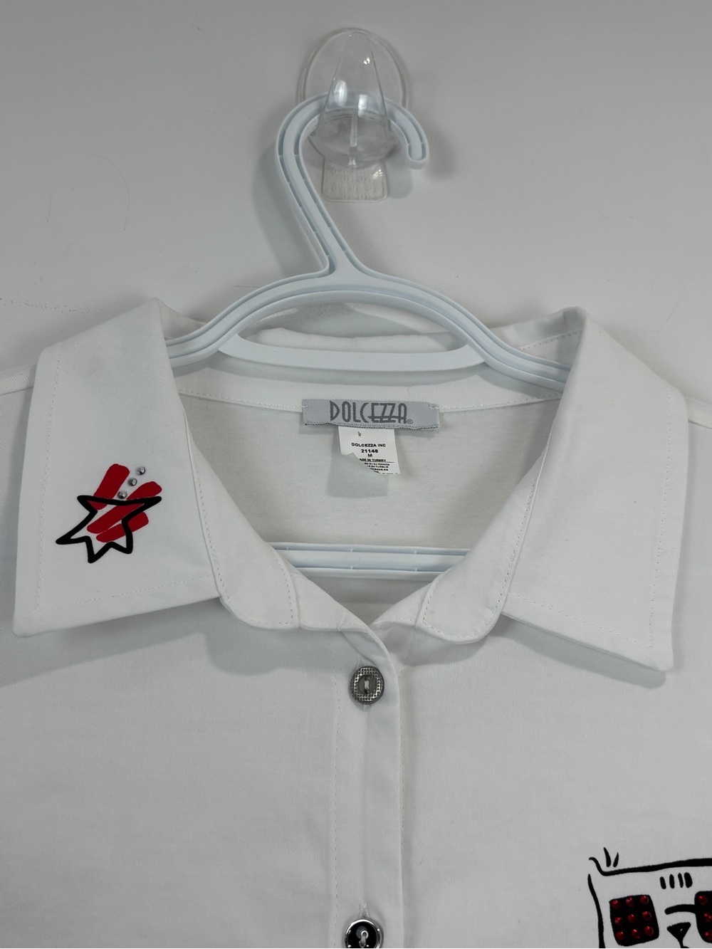 Dolcezza White Button Front Shirt M Artsy Graphic Pocket Collared Modern Art Top - Picture 3 of 17